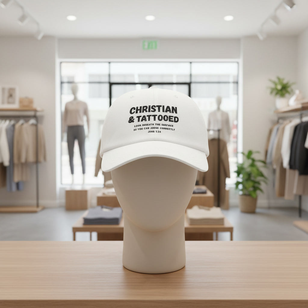 Embroidered Christian & Tattooed Dad Cap — Faith-Based Baseball Hat with John 7:24 Message