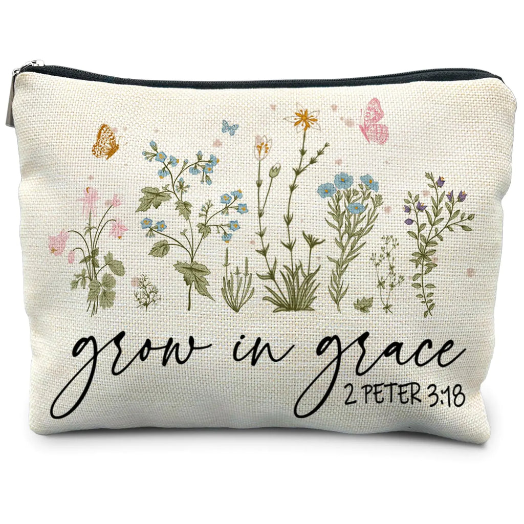 Christian Floral Makeup Bag Pouch Grow in Grace 2 Peter 3:18 Religious Christian Gifts for Women Bible Verse Gifts Bible Verse Cosmetic bag