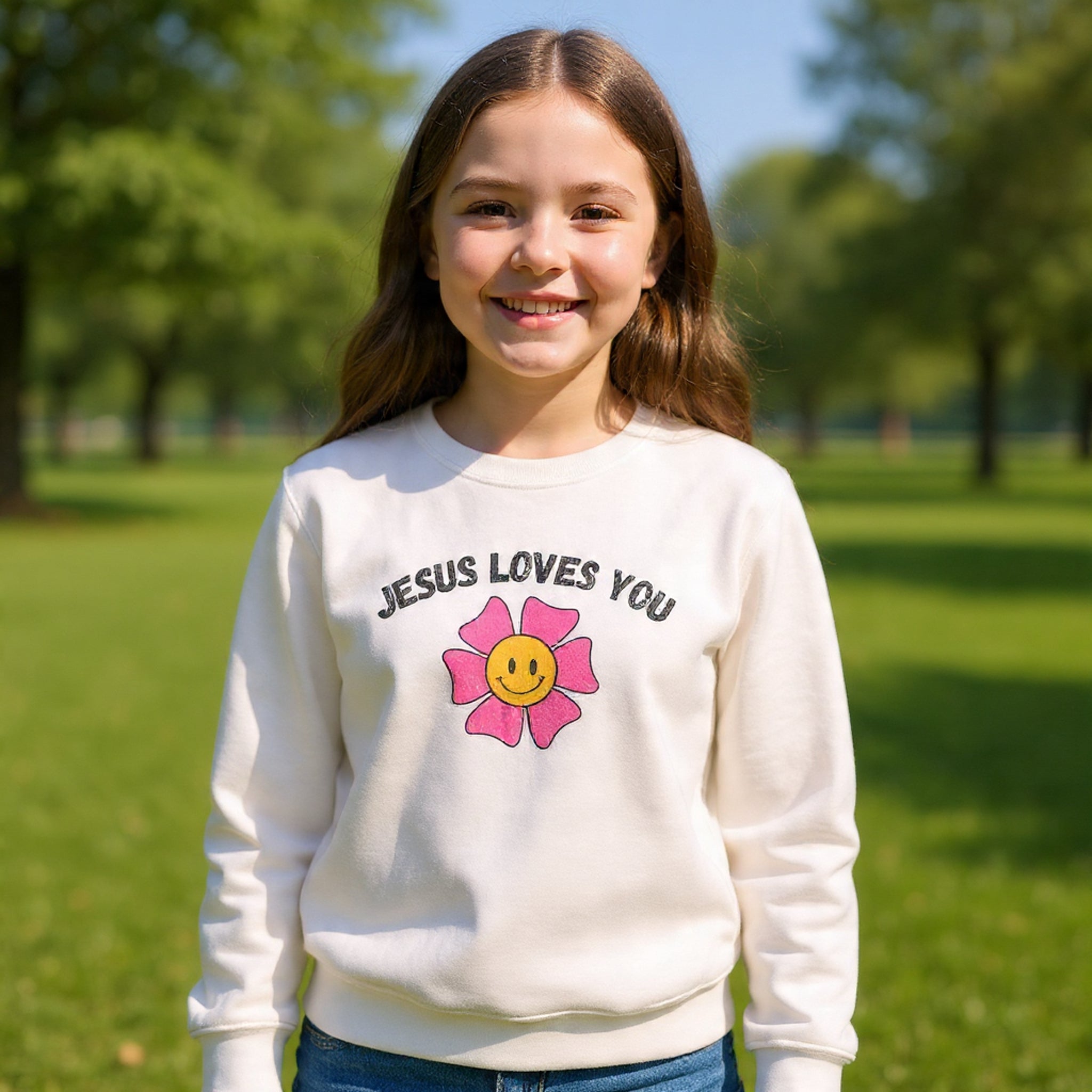 Kids T-Shirt — "Jesus Loves You" Smiley Flower Christian Tee