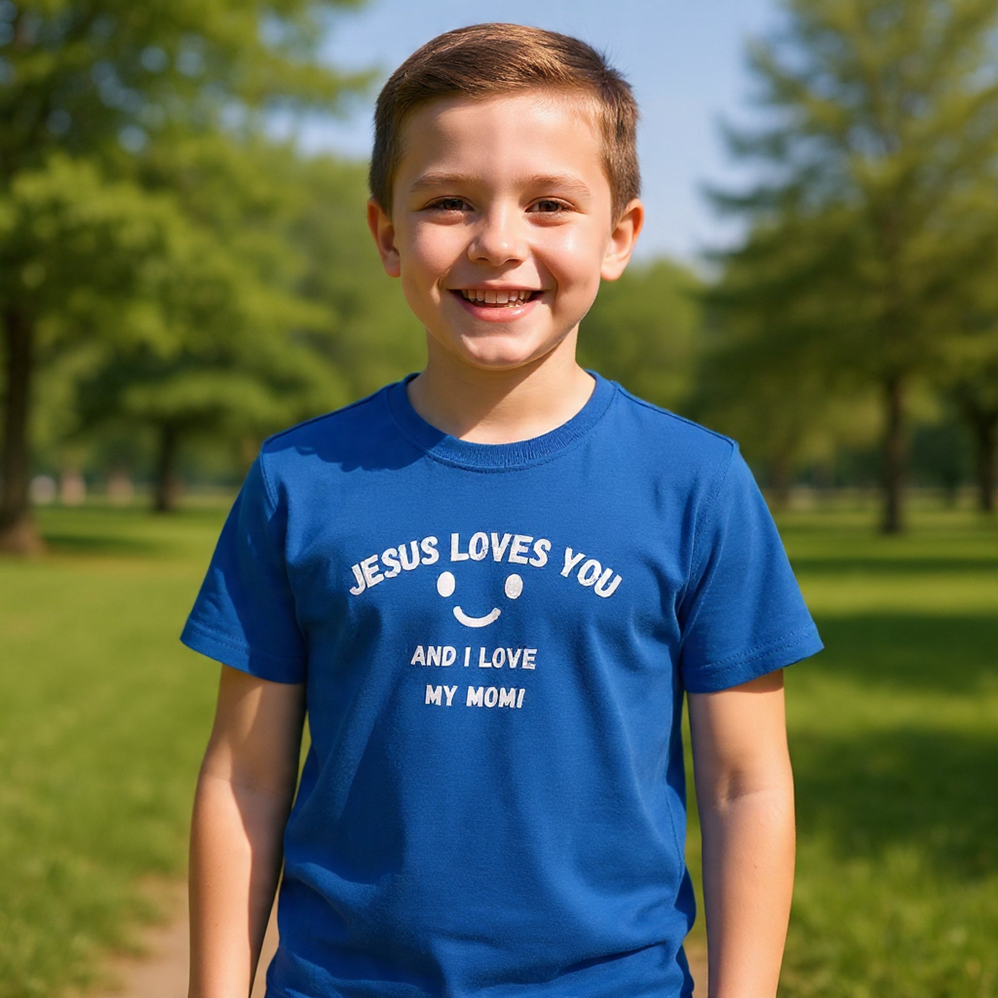 Kids T-Shirt — "Jesus Loves You" Smiley Flower Christian Tee