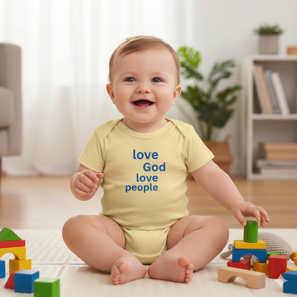 Infant Bodysuit - "Love God Love People" Baby Onesie, Christian Newborn Gift 2 Sided Humor
