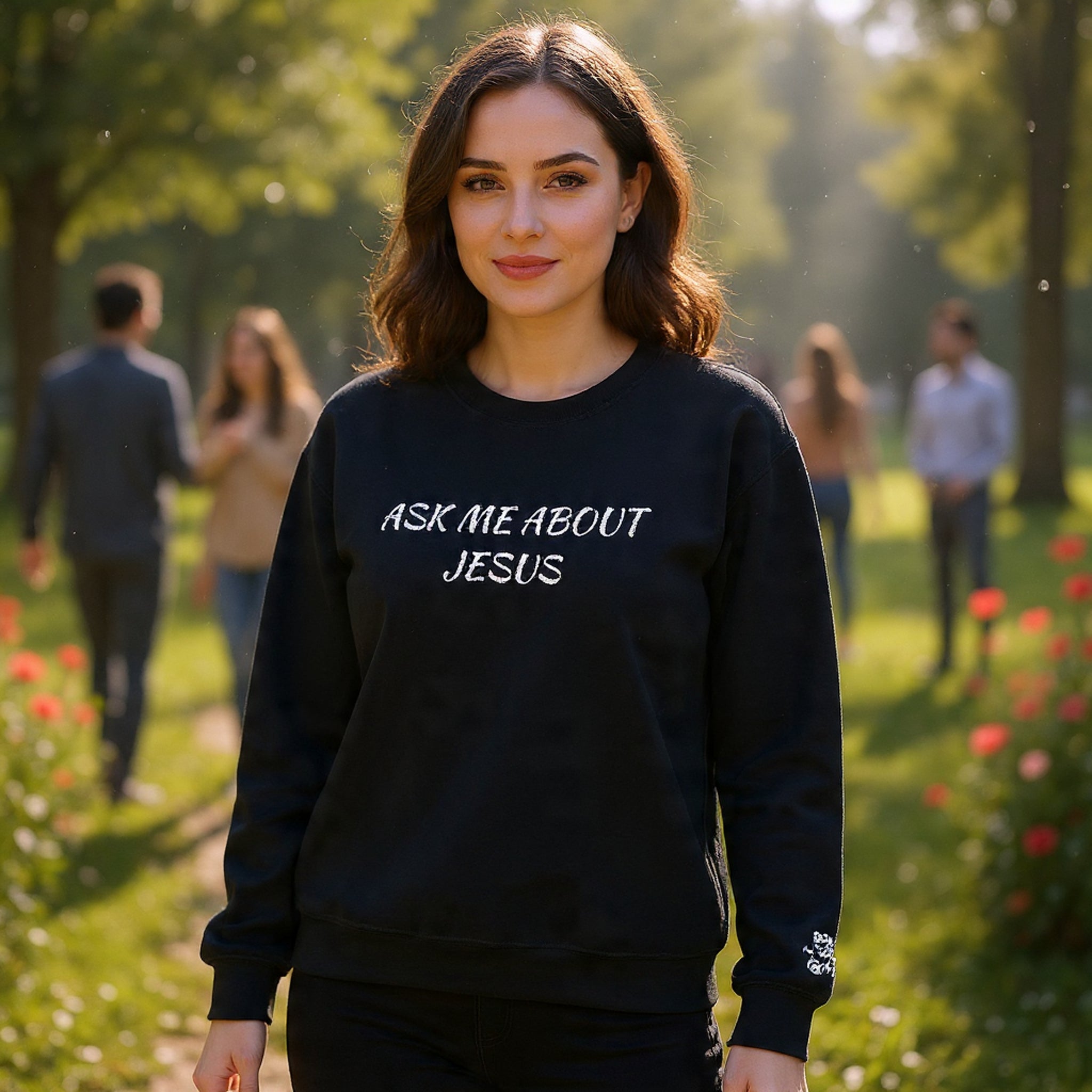 Embroidered Ask Me About Jesus Crewneck Sweatshirt — Christian Faith Conversation Pullover