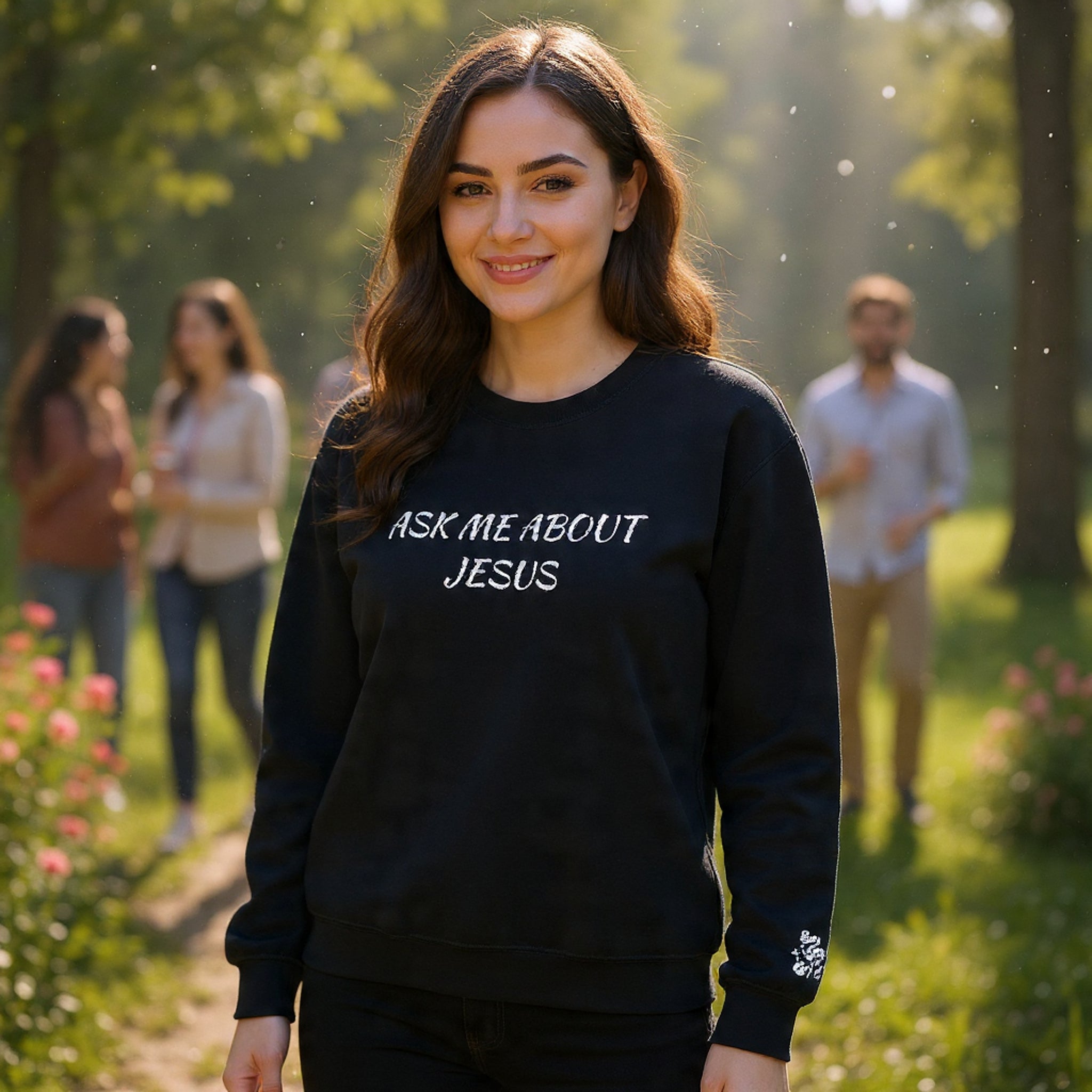 Embroidered Ask Me About Jesus Crewneck Sweatshirt — Christian Faith Conversation Pullover