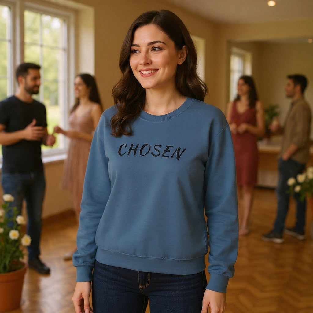 Embroidered Chosen Crewneck Sweatshirt — Minimalist Pullover with 'CHOSEN' Text