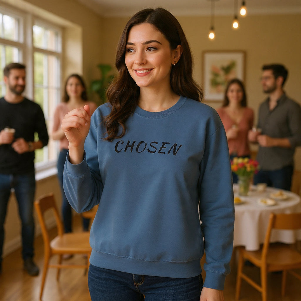 Embroidered Chosen Crewneck Sweatshirt — Minimalist Pullover with 'CHOSEN' Text