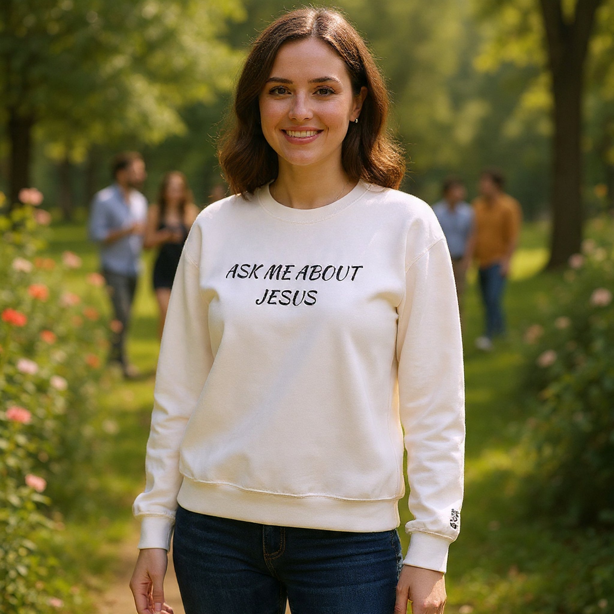Embroidered Ask Me About Jesus Crewneck Sweatshirt — Christian Faith Conversation Pullover