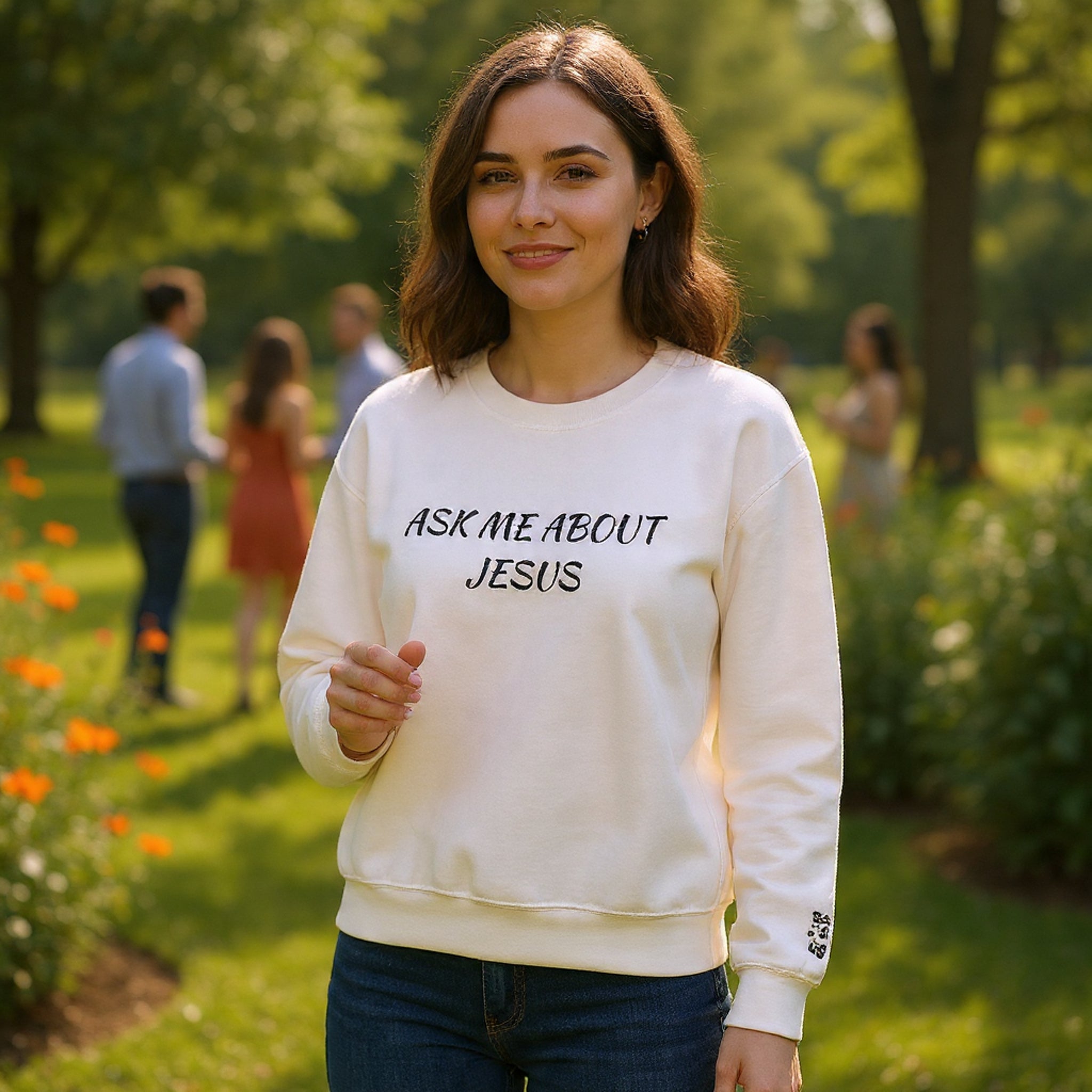 Embroidered Ask Me About Jesus Crewneck Sweatshirt — Christian Faith Conversation Pullover
