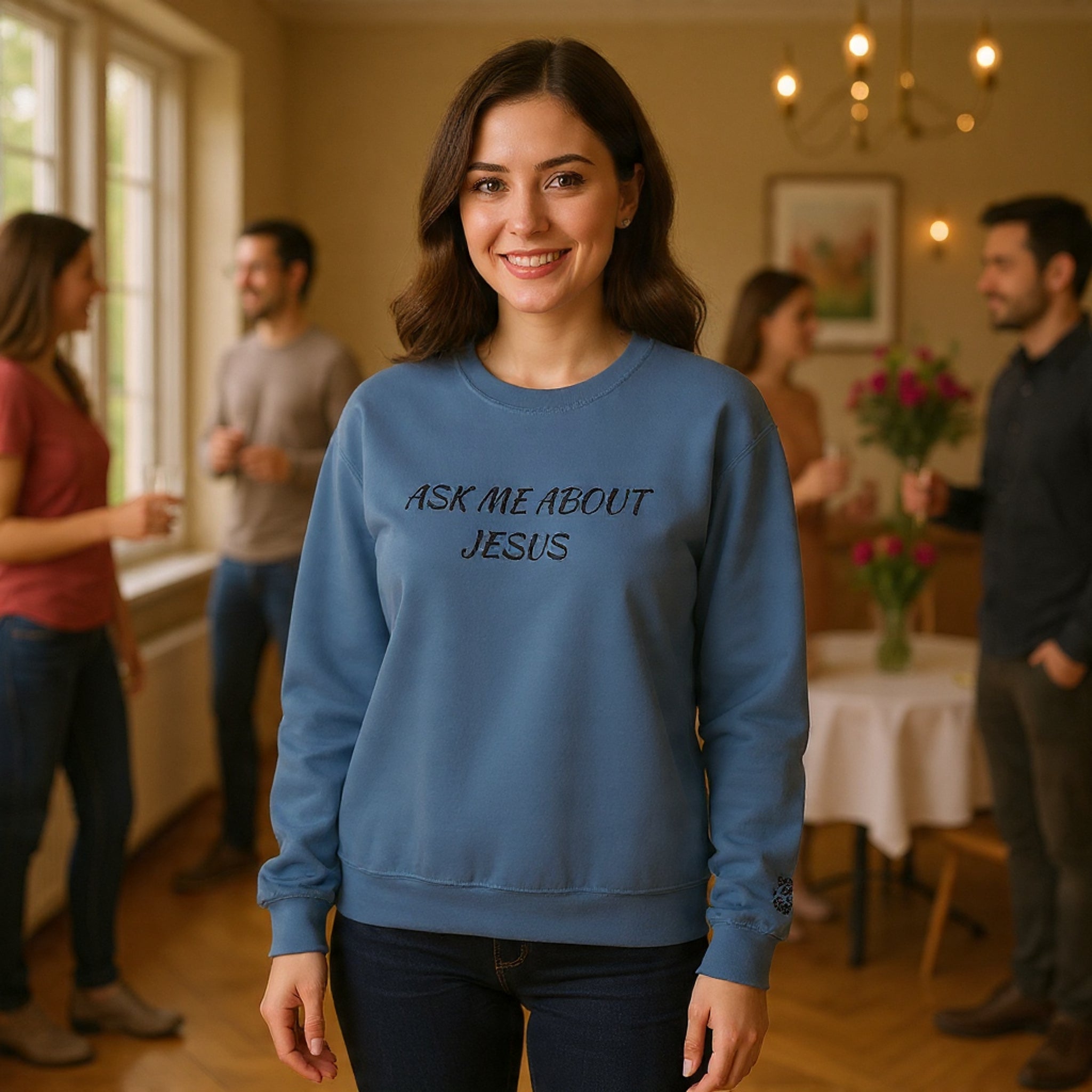 Embroidered Ask Me About Jesus Sweatshirt | Christian Faith Scripture Crewneck