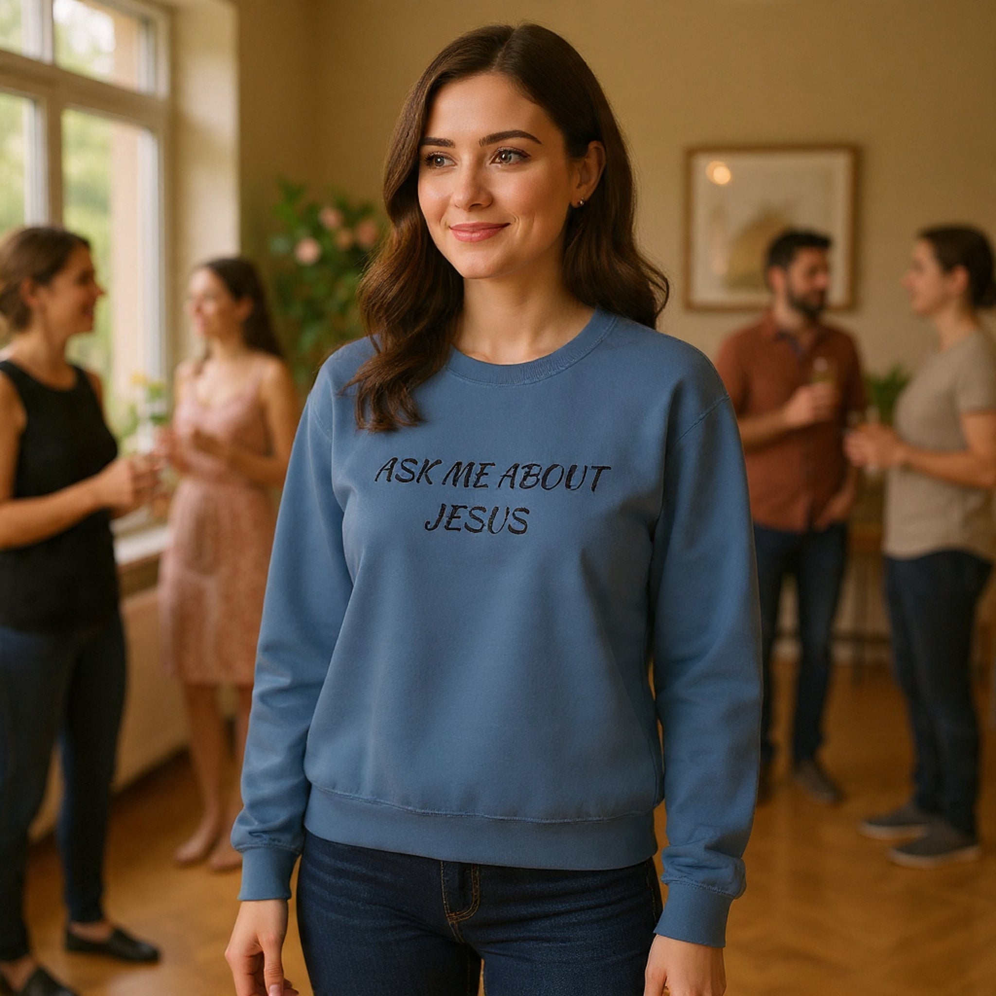 Embroidered Ask Me About Jesus Sweatshirt | Christian Faith Scripture Crewneck