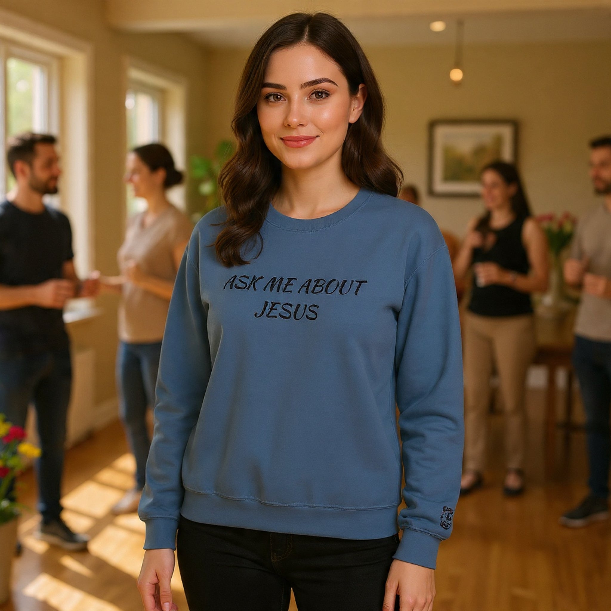 Embroidered Ask Me About Jesus Sweatshirt | Christian Faith Scripture Crewneck