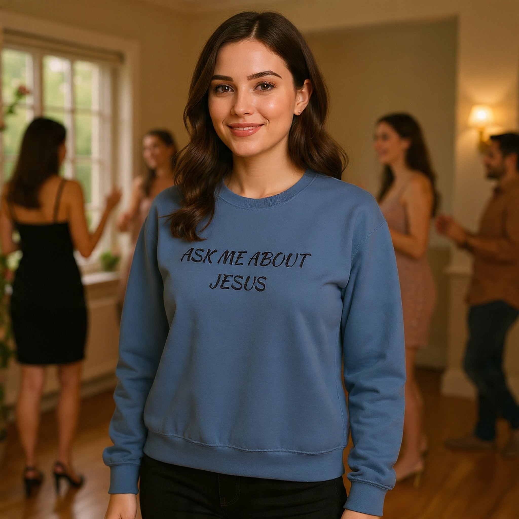Embroidered Ask Me About Jesus Sweatshirt | Christian Faith Scripture Crewneck