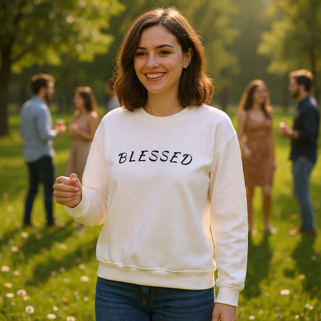 Embroidered - Blessed Crewneck Sweatshirt — Cozy Pullover with Script 'BLESSED'