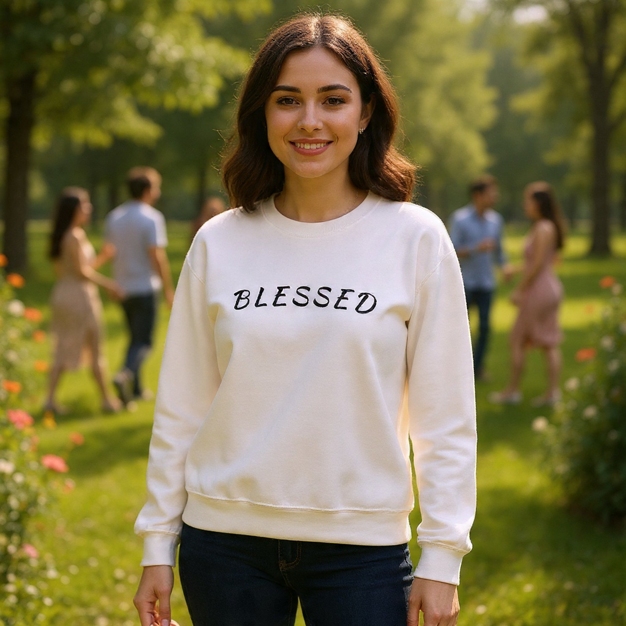 Embroidered - Blessed Crewneck Sweatshirt — Cozy Pullover with Script 'BLESSED'