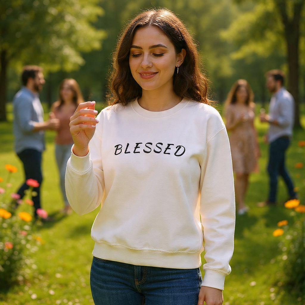 Embroidered Blessed Crewneck Sweatshirt — Minimal Faith-Inspired Pullover