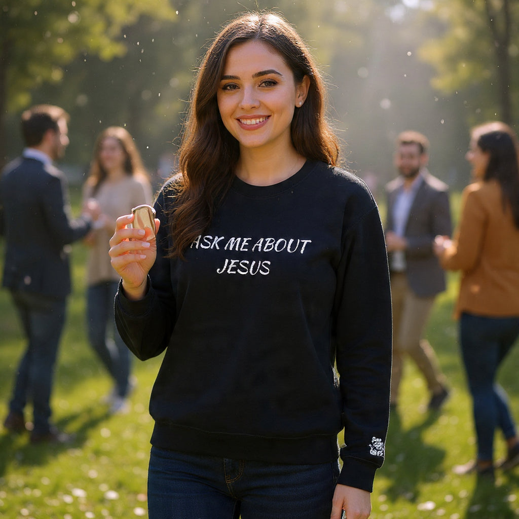 Embroidered Ask Me About Jesus Crewneck Sweatshirt — Christian Faith Conversation Pullover