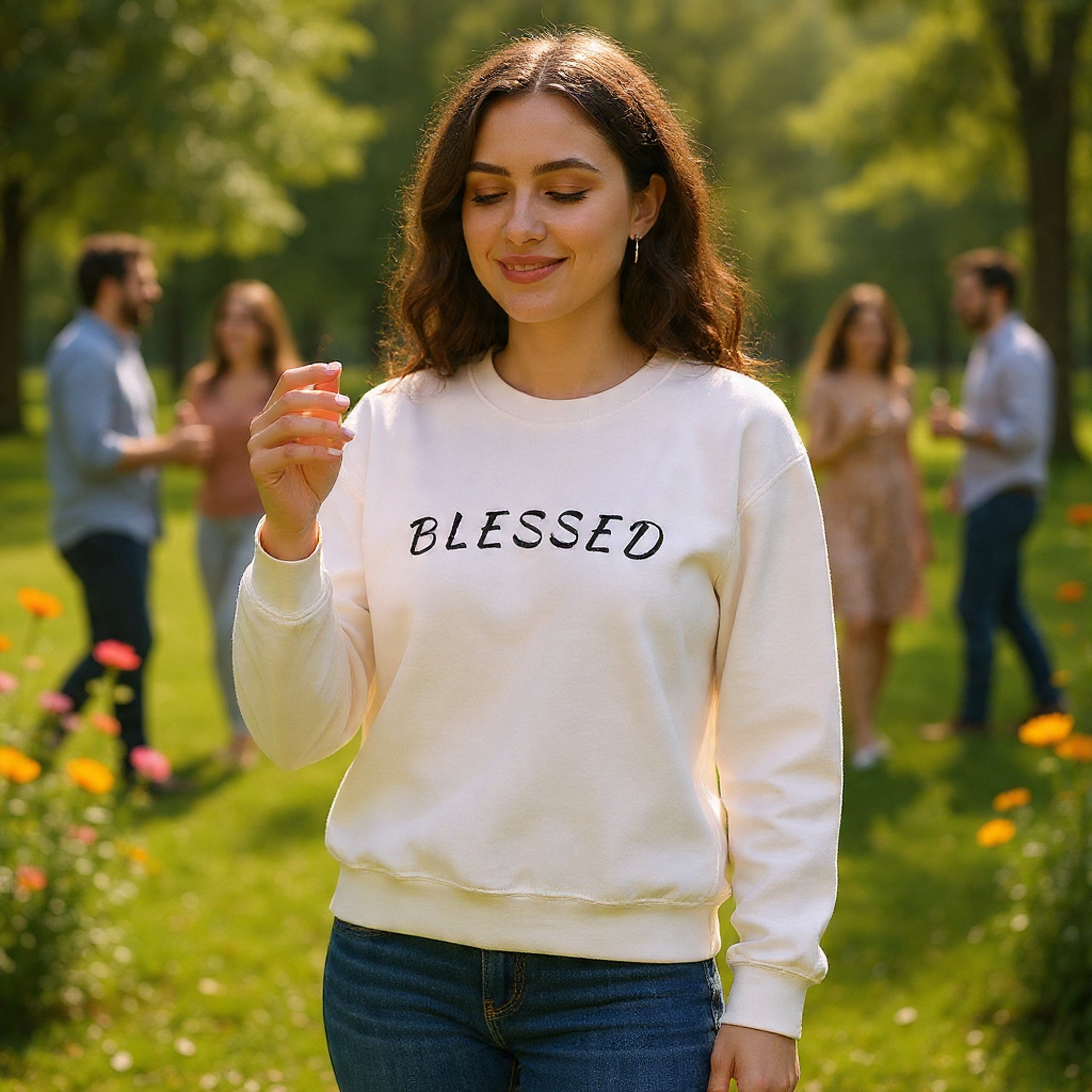 Embroidered - Blessed Crewneck Sweatshirt — Cozy Pullover with Script 'BLESSED'