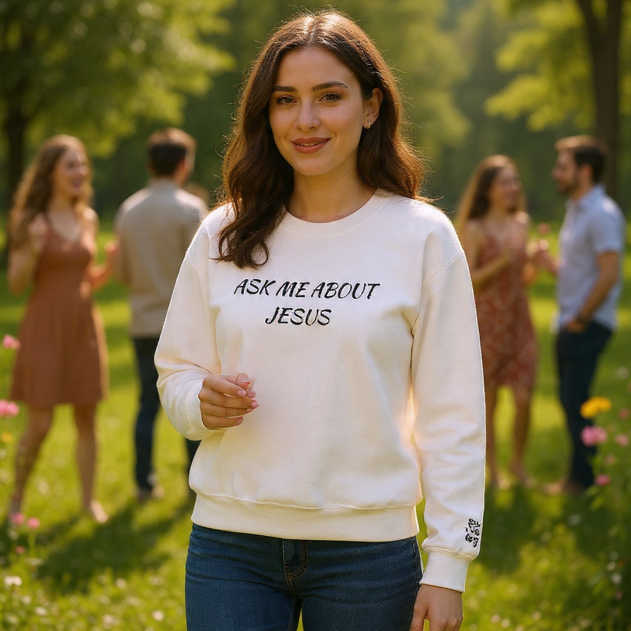 Embroidered Ask Me About Jesus Sweatshirt | Christian Faith Scripture Crewneck