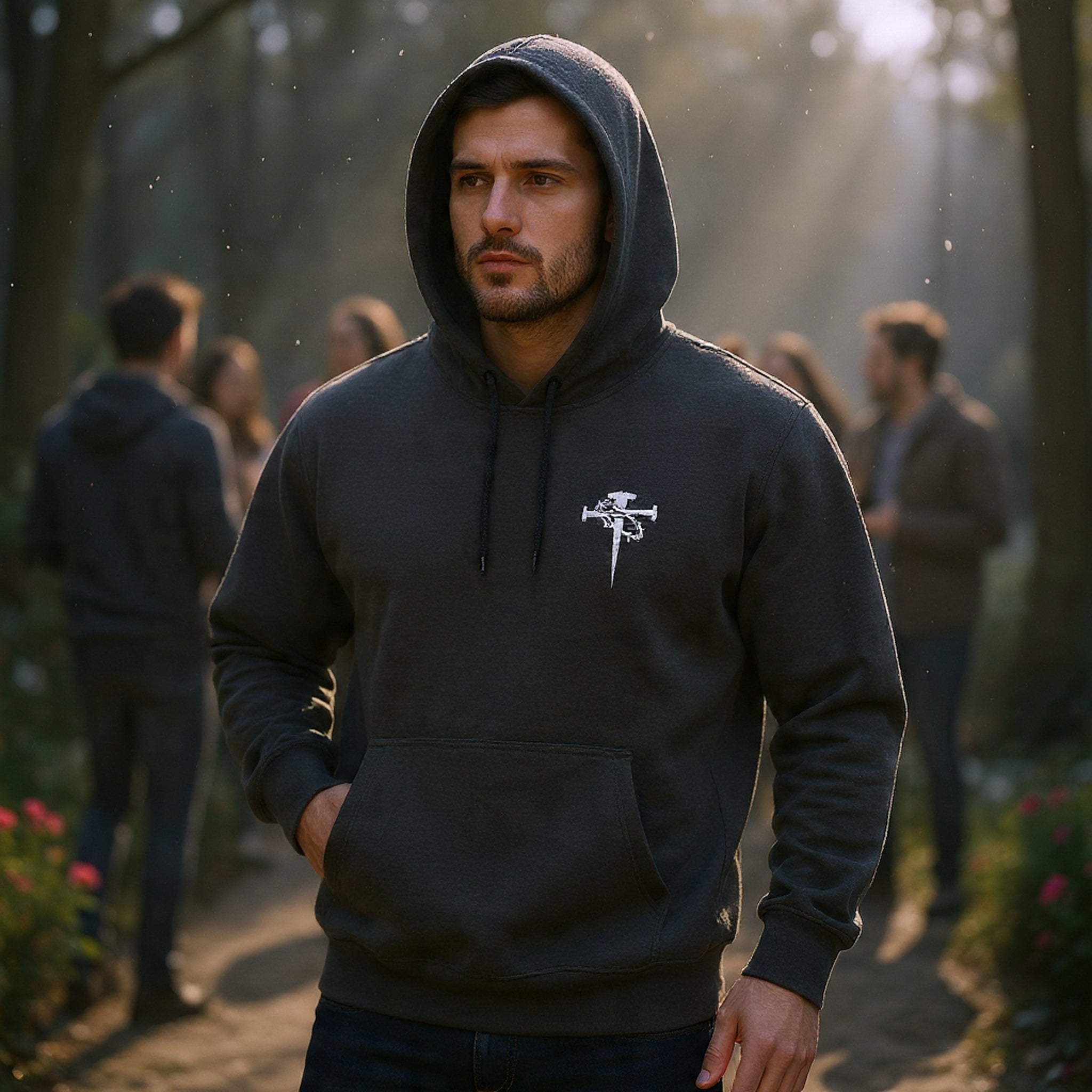 Embroidered Cross & Dagger with Thorn of Crowns — Minimal Christian Chest Graphic Logo Fleece Pullover