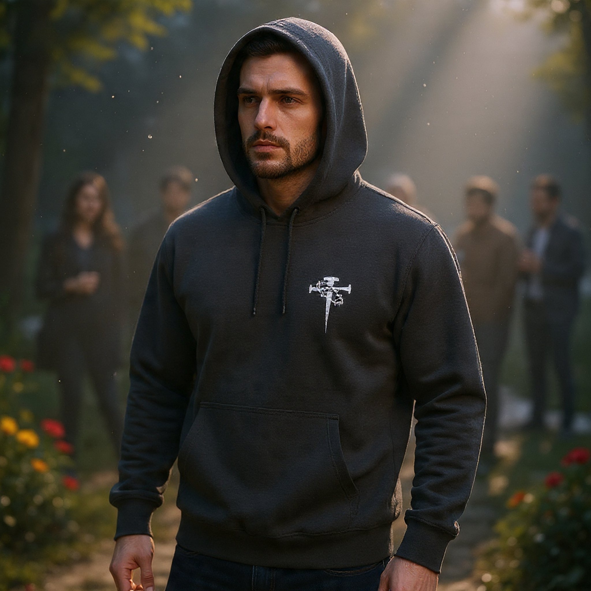 Embroidered Cross & Dagger with Thorn of Crowns — Minimal Christian Chest Graphic Logo Fleece Pullover