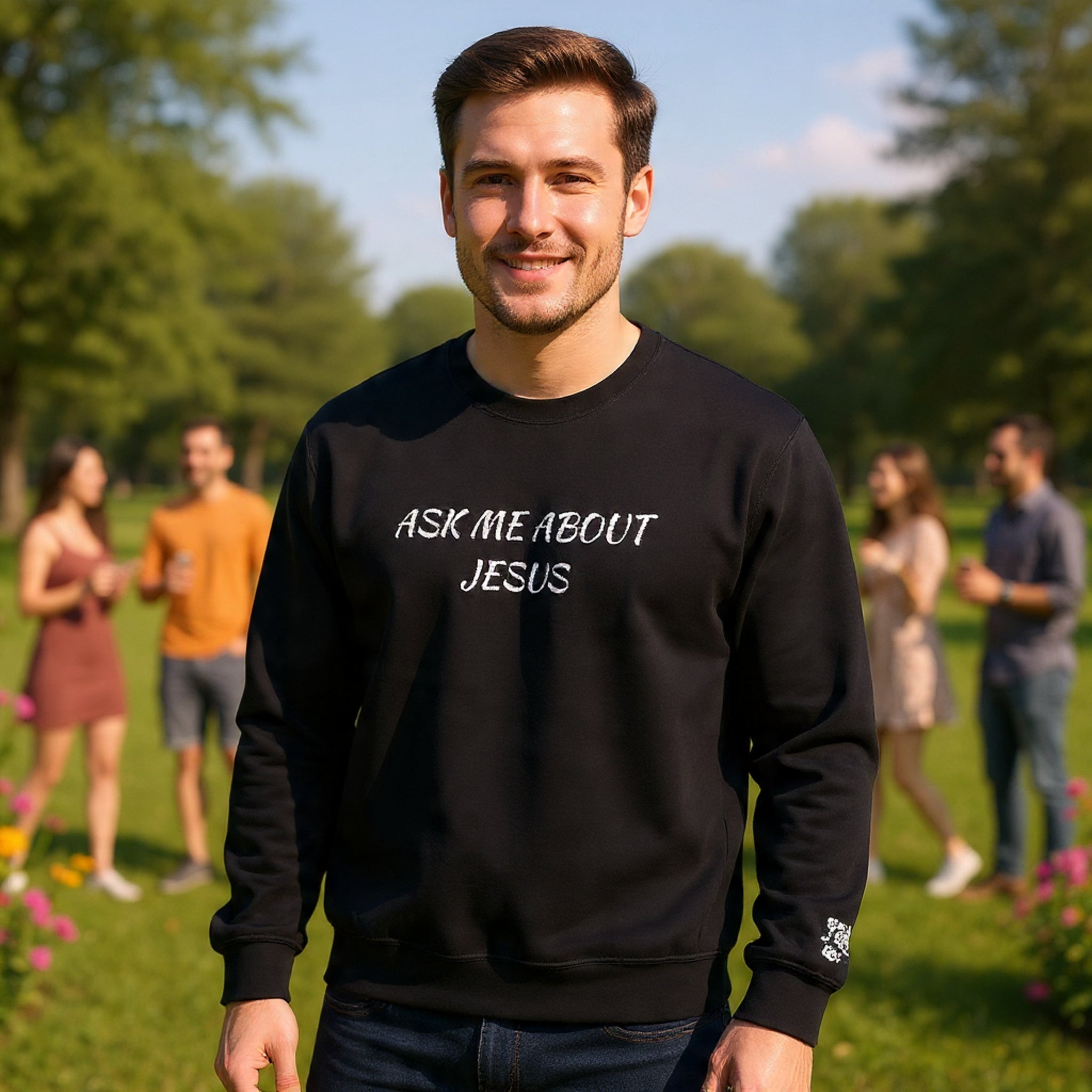 Embroidered Ask Me About Jesus Sweatshirt | Christian Faith Scripture Crewneck