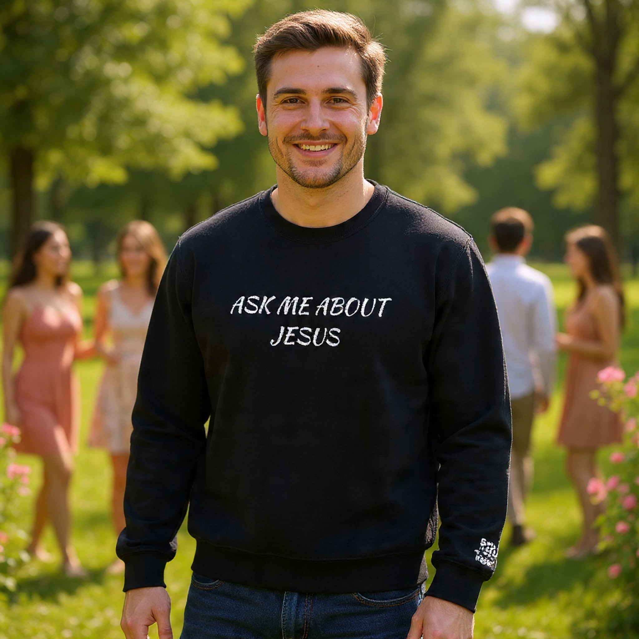 Embroidered Ask Me About Jesus Crewneck Sweatshirt — Christian Faith Conversation Pullover