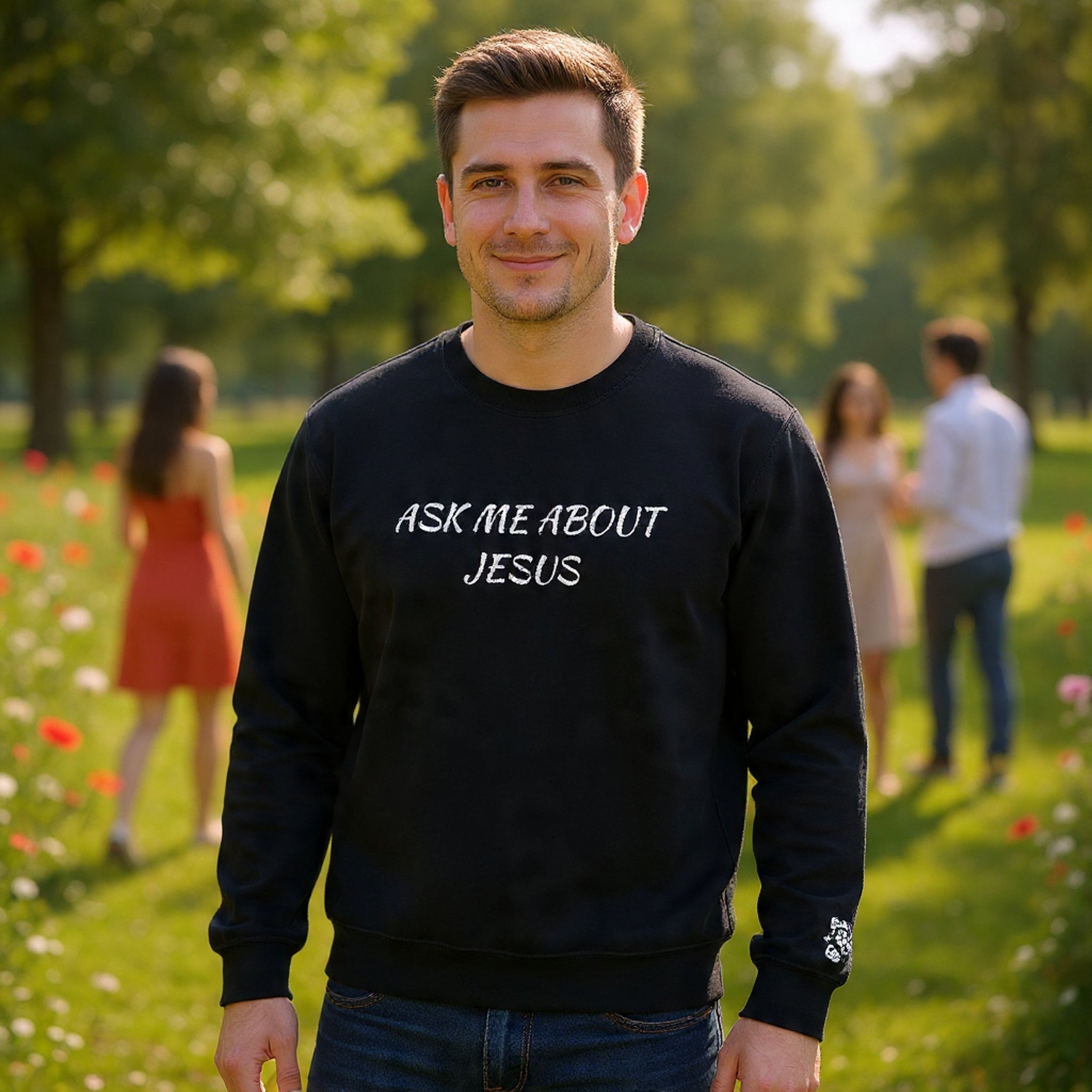 Embroidered Ask Me About Jesus Sweatshirt | Christian Faith Scripture Crewneck