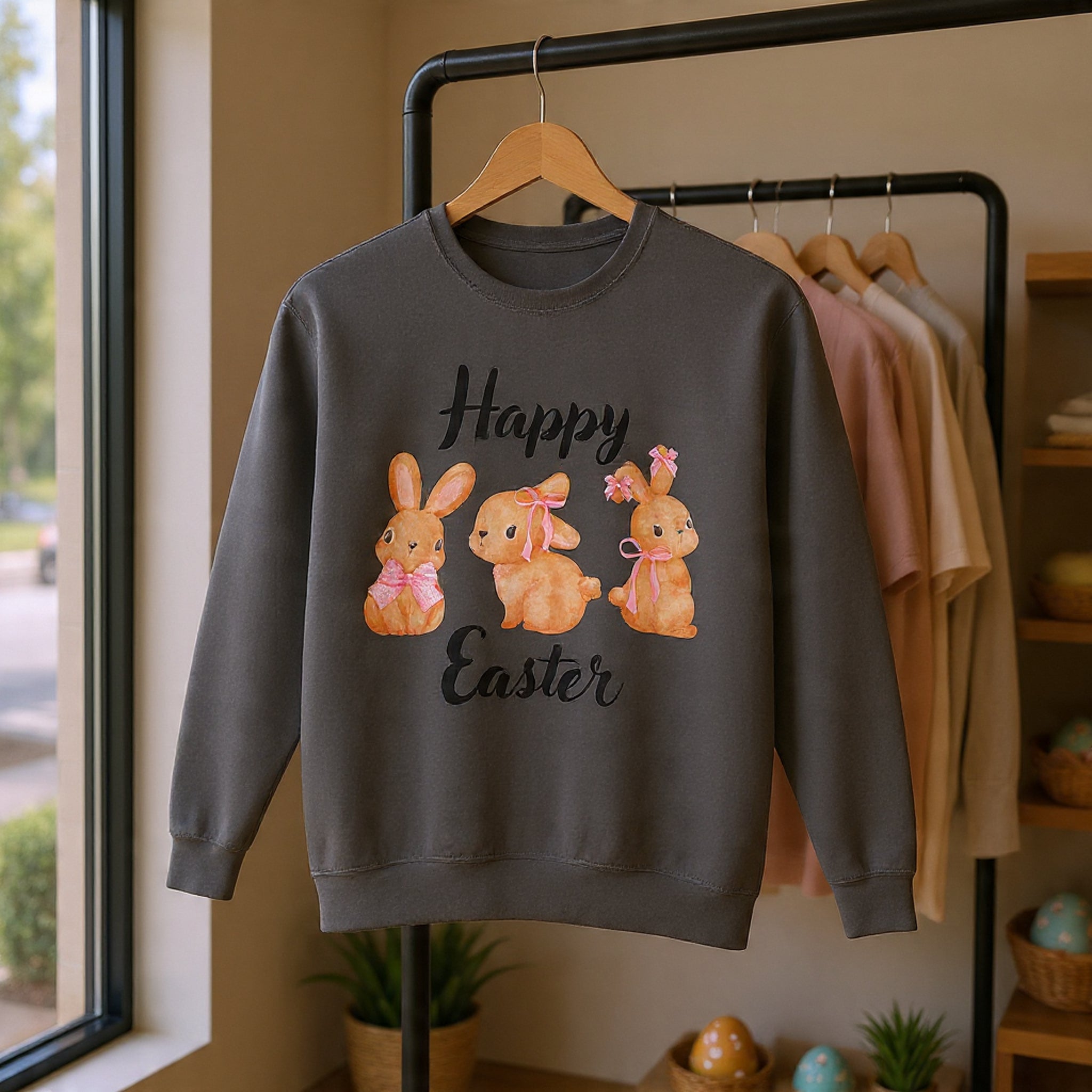 Comfort Colors - Easter Bunny Crewneck Sweatshirt – "Happy Easter" Pastel Bunny Design