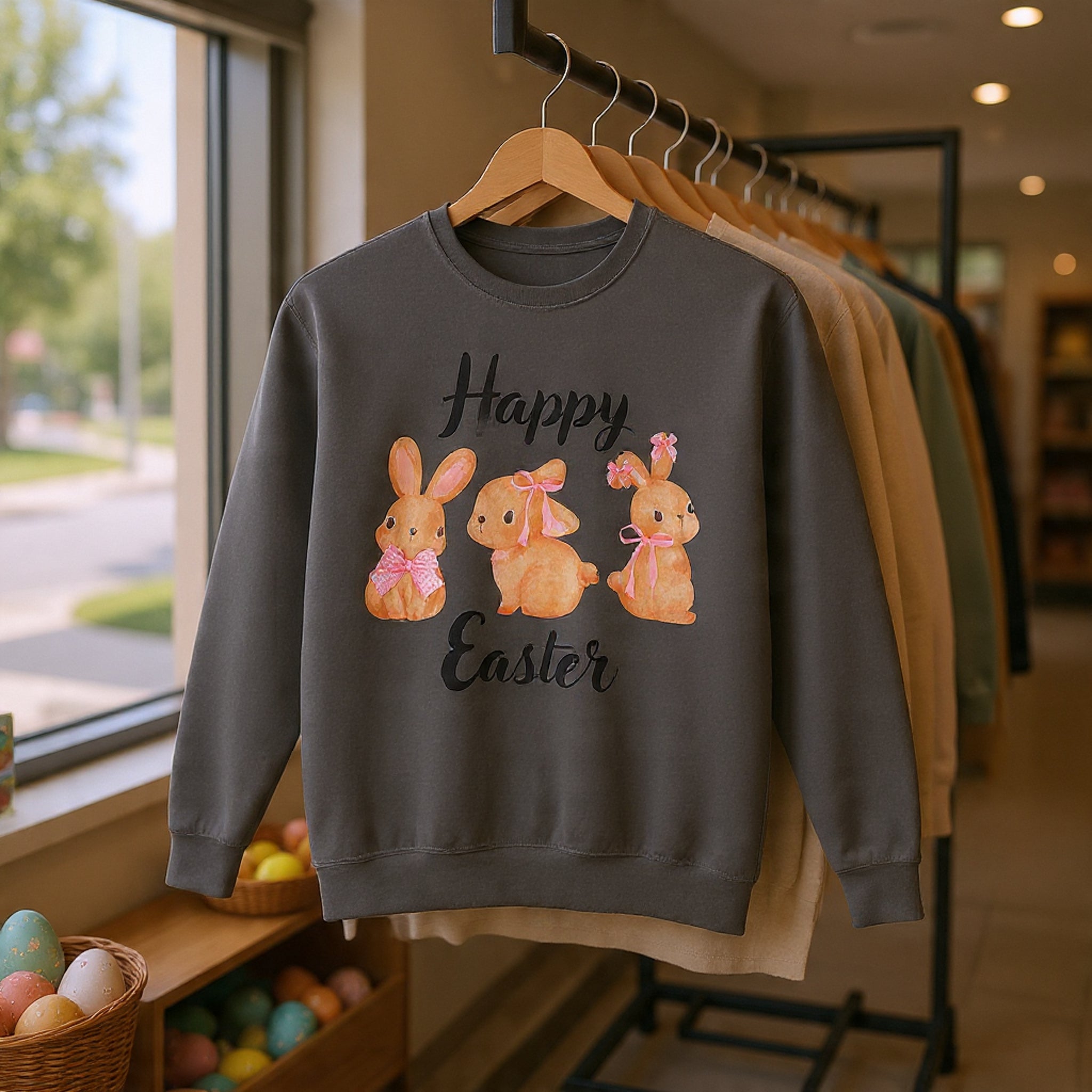 Comfort Colors - Easter Bunny Crewneck Sweatshirt – "Happy Easter" Pastel Bunny Design