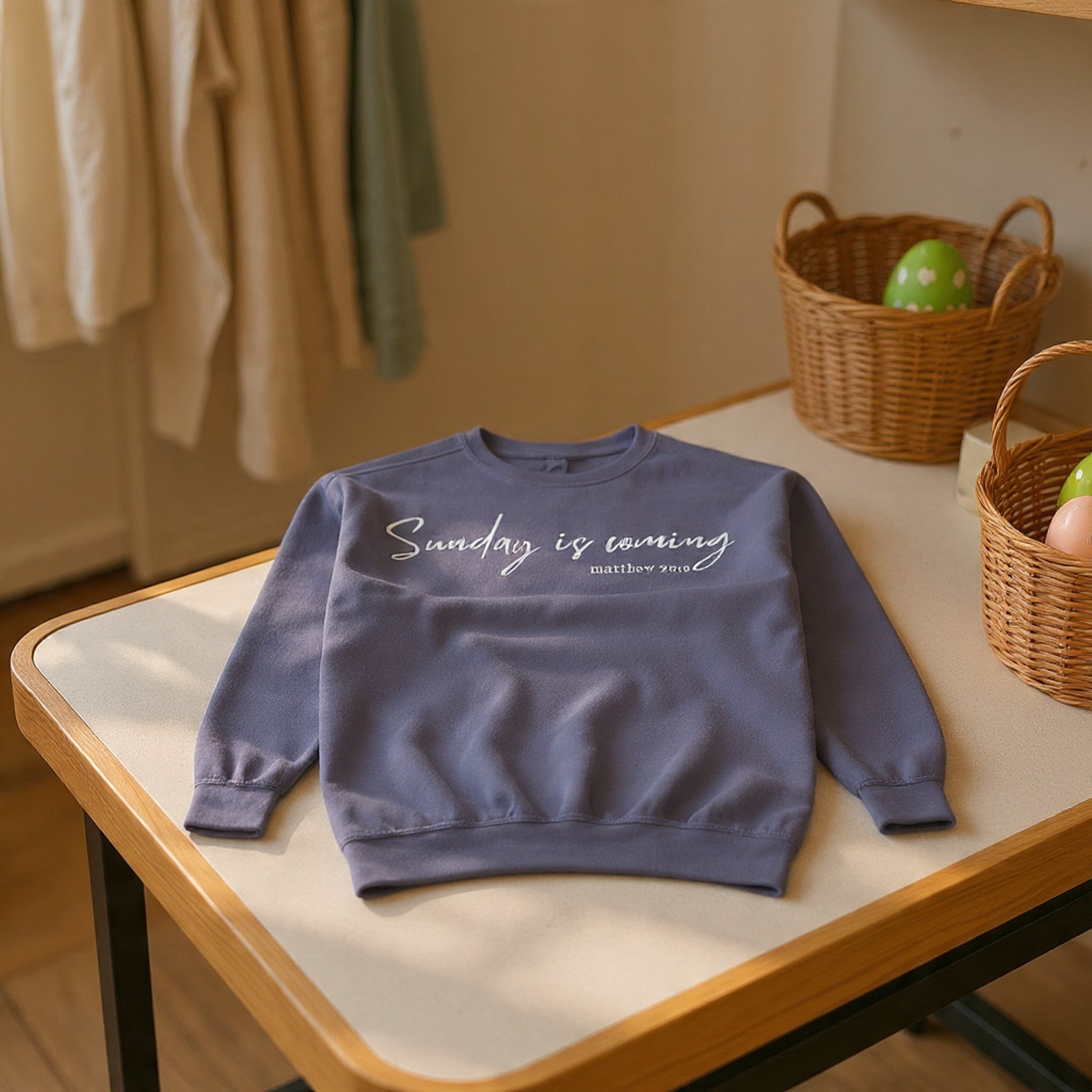 Sunday Is Coming Easter Sweatshirt — Inspirational Script Crewneck  - Scripture Matthew 28:6