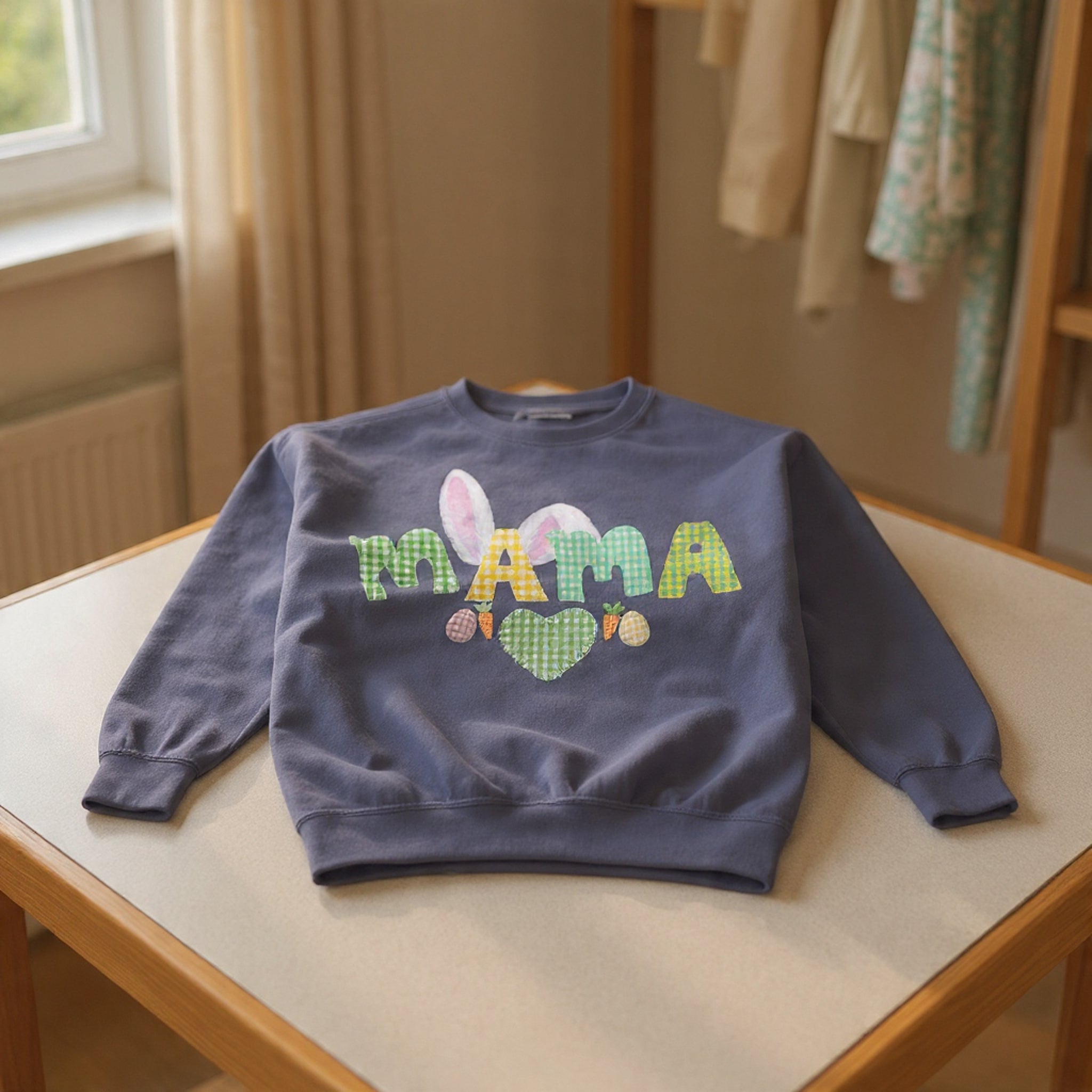 Mama Easter Bunny Sweatshirt — Cute Plaid ‘MAMA’ with Bunny Ears & Eggs