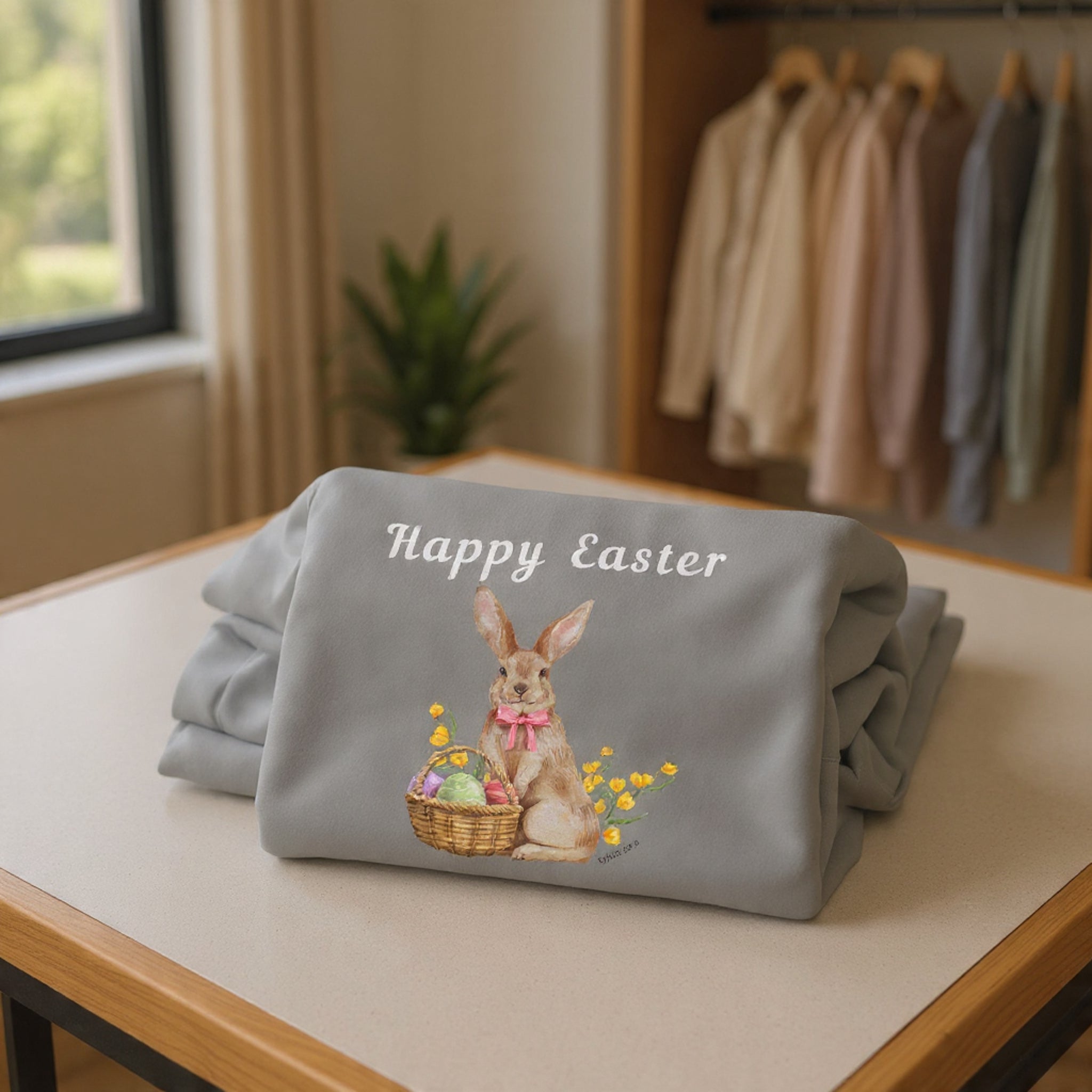 Easter Bunny Sweatshirt - Happy Easter Bunny with Basket Design (Luke 24:6)