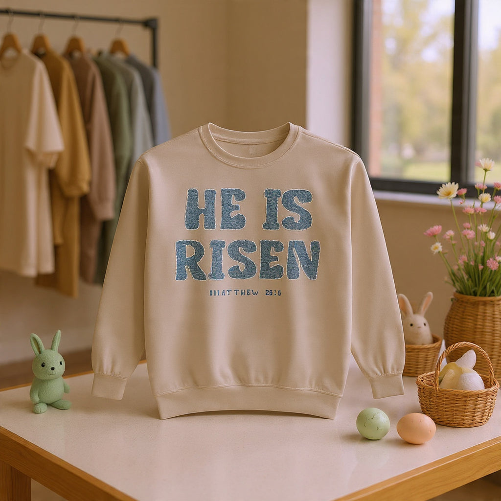 Comfort Colors - He Is Risen Sweatshirt — Christian Easter Pullover (Matthew 28:6)