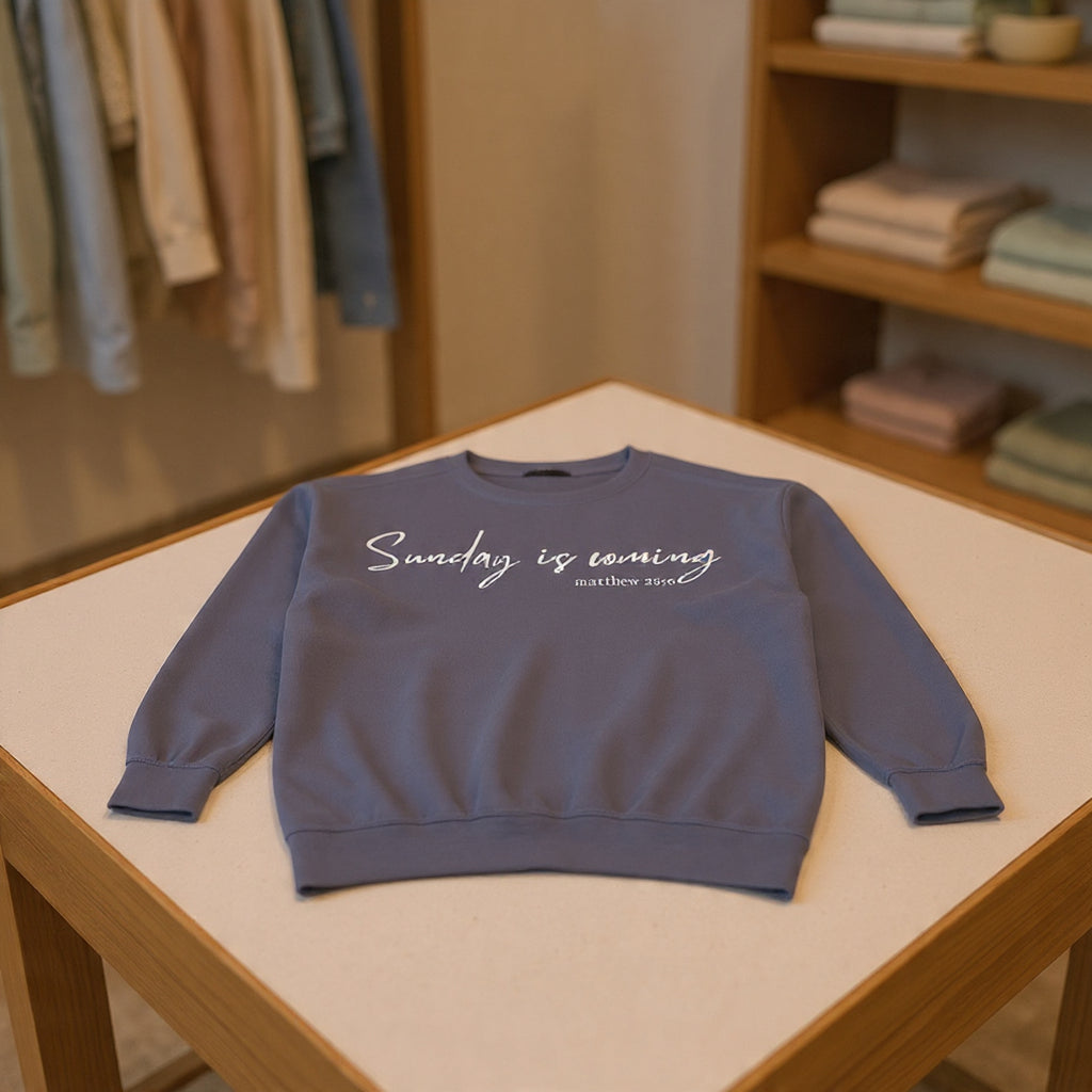Sunday Is Coming Easter Sweatshirt — Inspirational Script Crewneck  - Scripture Matthew 28:6