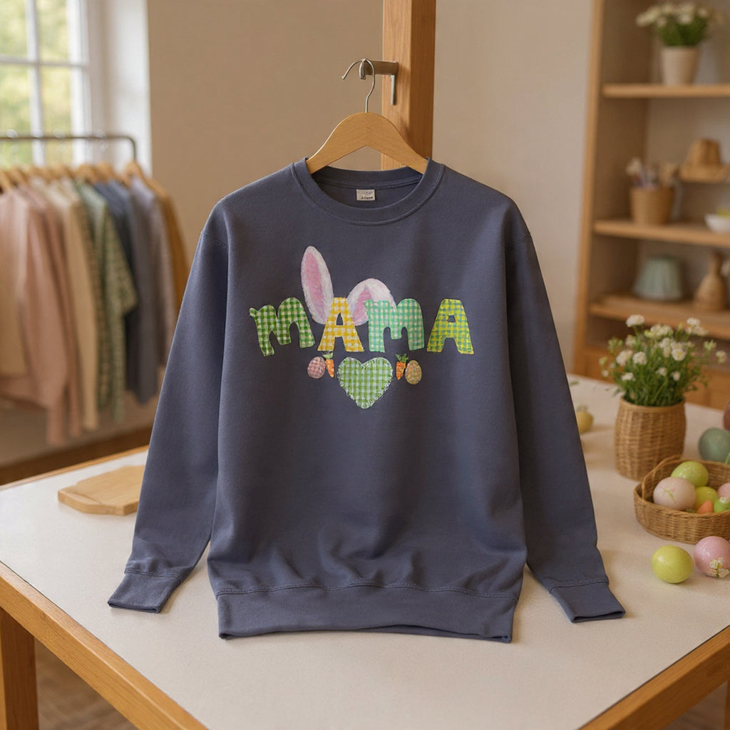 Mama Easter Bunny Sweatshirt — Cute Plaid ‘MAMA’ with Bunny Ears & Eggs
