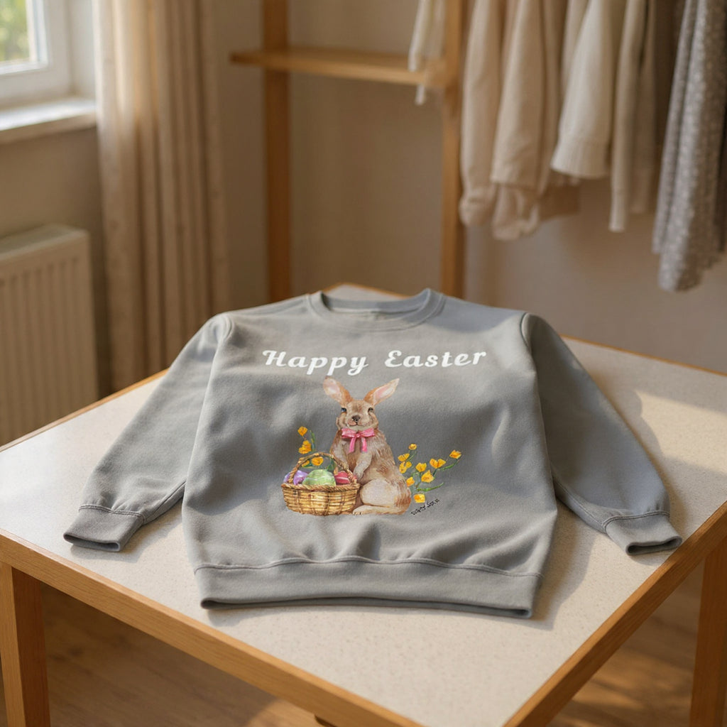 Easter Bunny Sweatshirt - Happy Easter Bunny with Basket Design (Luke 24:6)