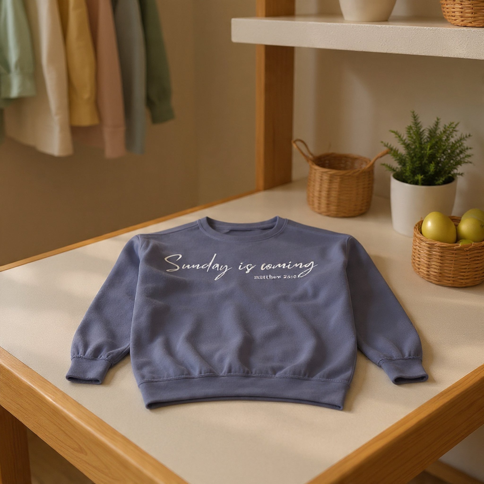 Sunday Is Coming Easter Sweatshirt — Inspirational Script Crewneck  - Scripture Matthew 28:6