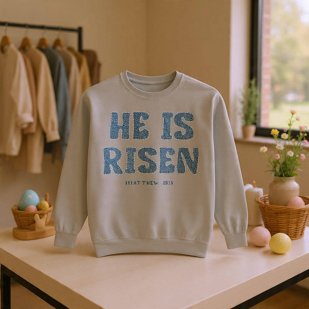Comfort Colors - He Is Risen Sweatshirt — Christian Easter Pullover (Matthew 28:6)