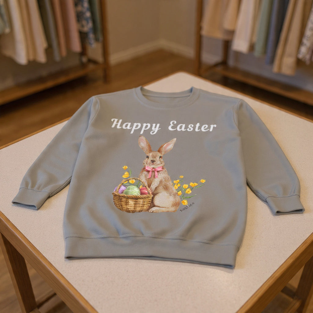 Easter Bunny Sweatshirt - Happy Easter Bunny with Basket Design (Luke 24:6)