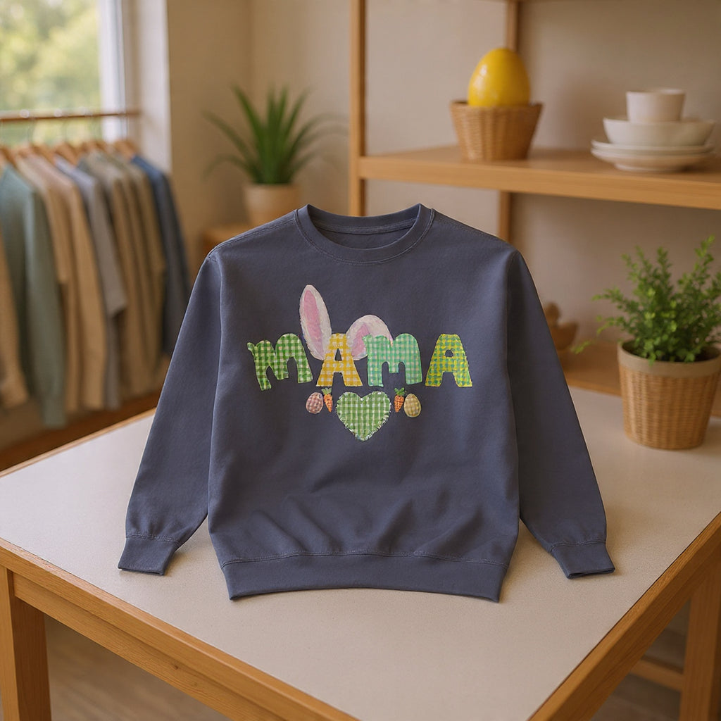Mama Easter Bunny Sweatshirt — Cute Plaid ‘MAMA’ with Bunny Ears & Eggs