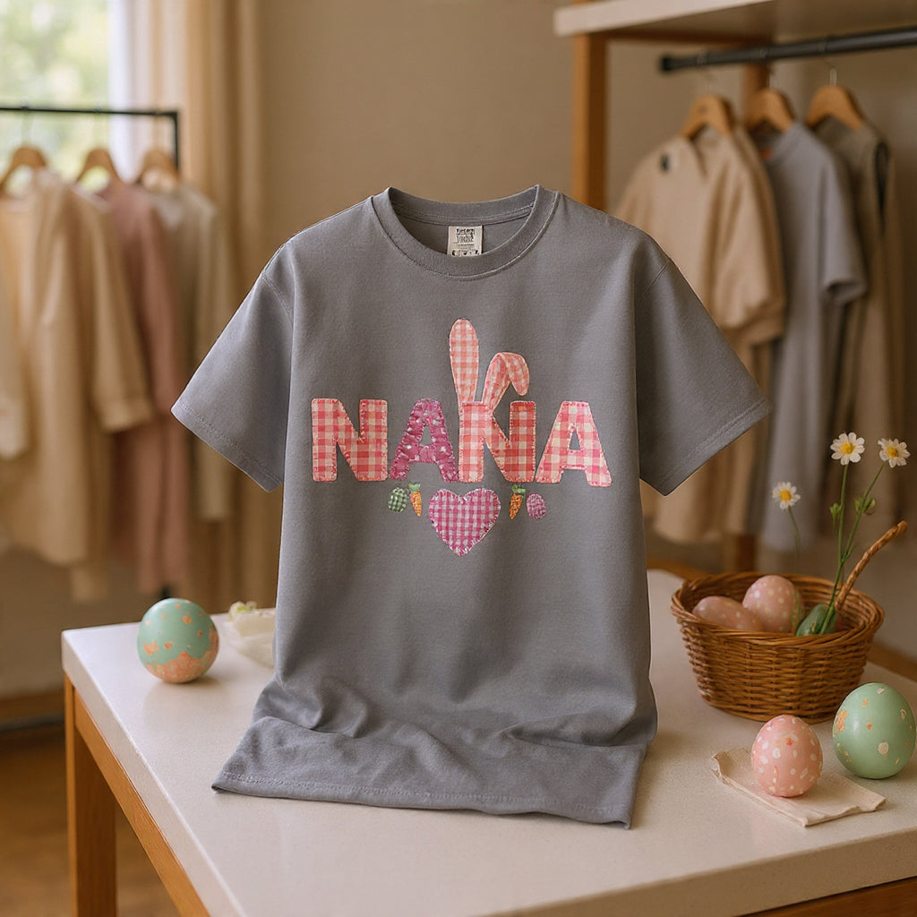 Nana Pink Gingham Heart Easter T-Shirt Comfort Colors