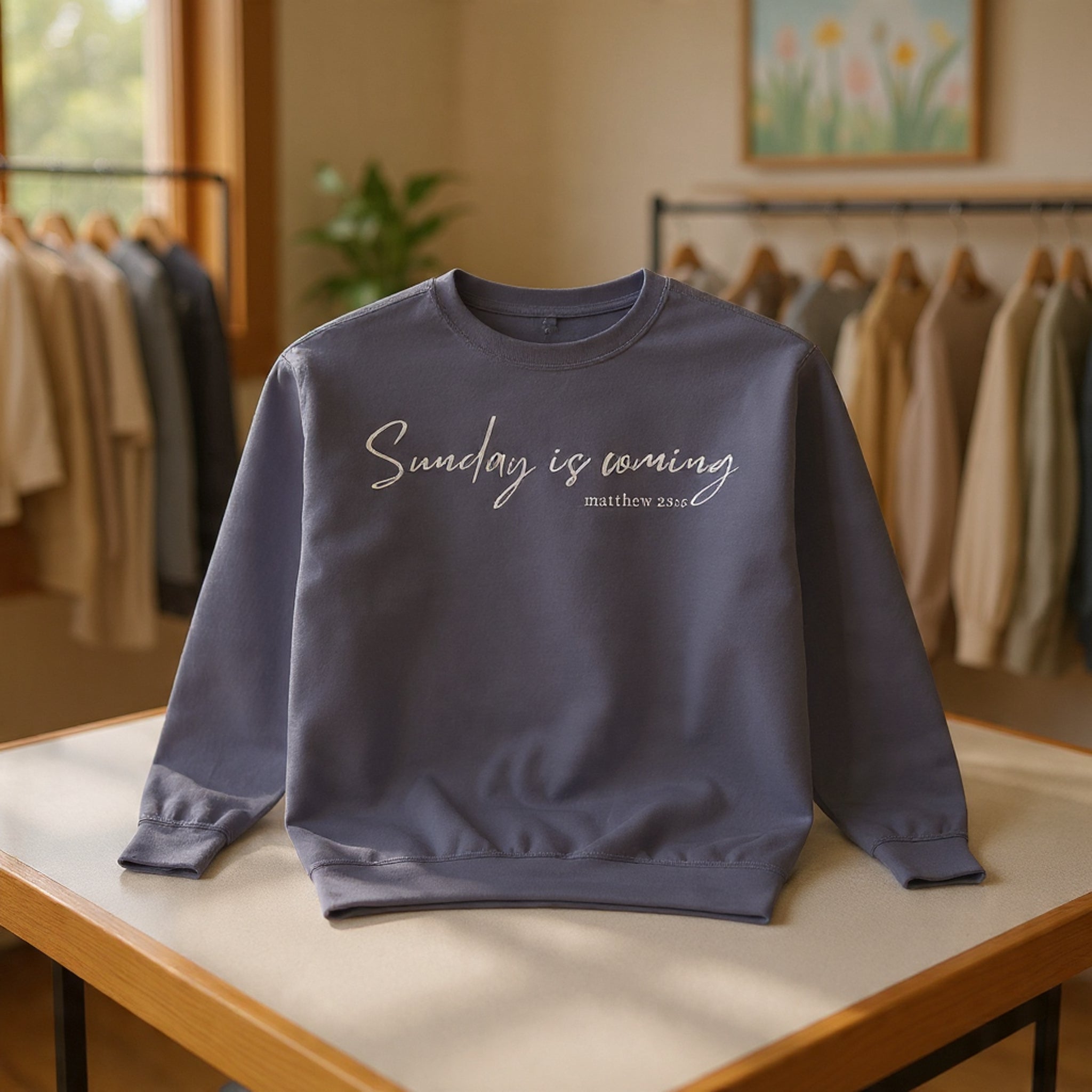Sunday Is Coming Easter Sweatshirt — Inspirational Script Crewneck  - Scripture Matthew 28:6