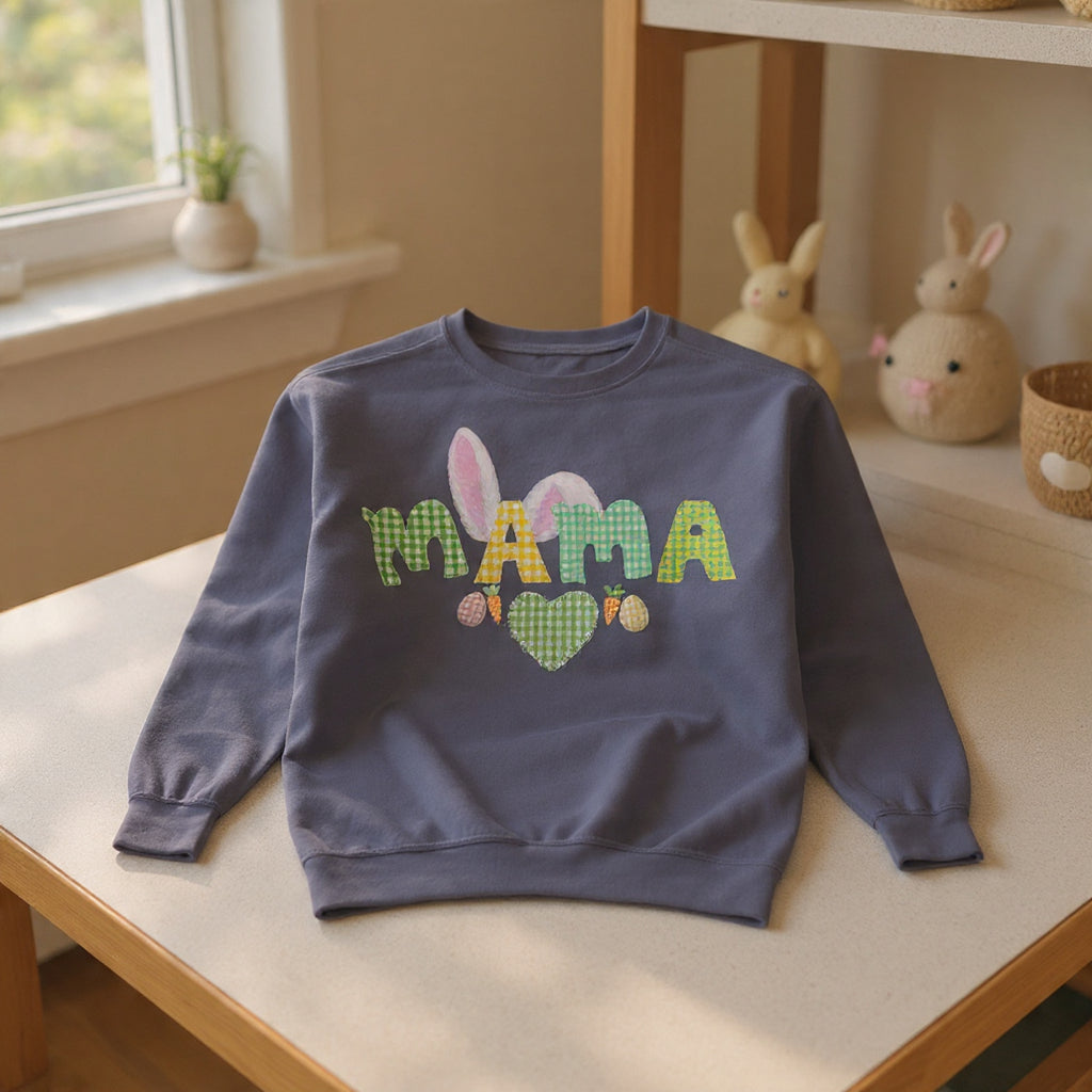 Mama Easter Bunny Sweatshirt — Cute Plaid ‘MAMA’ with Bunny Ears & Eggs