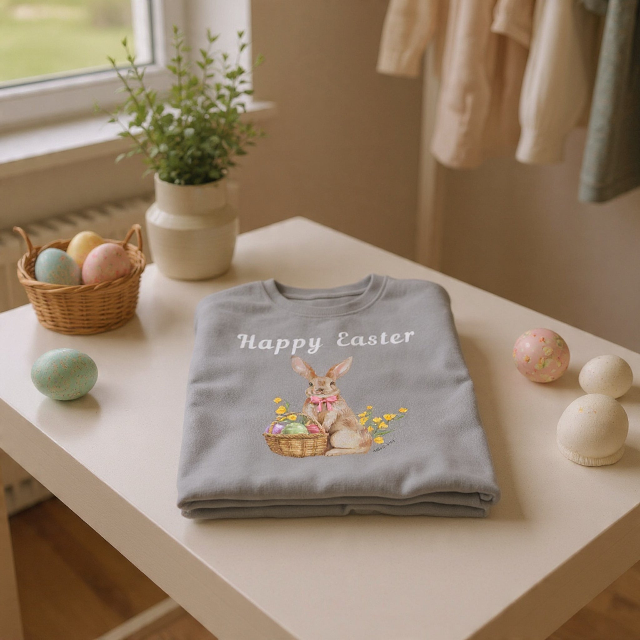 Easter Bunny Sweatshirt - Happy Easter Bunny with Basket Design (Luke 24:6)
