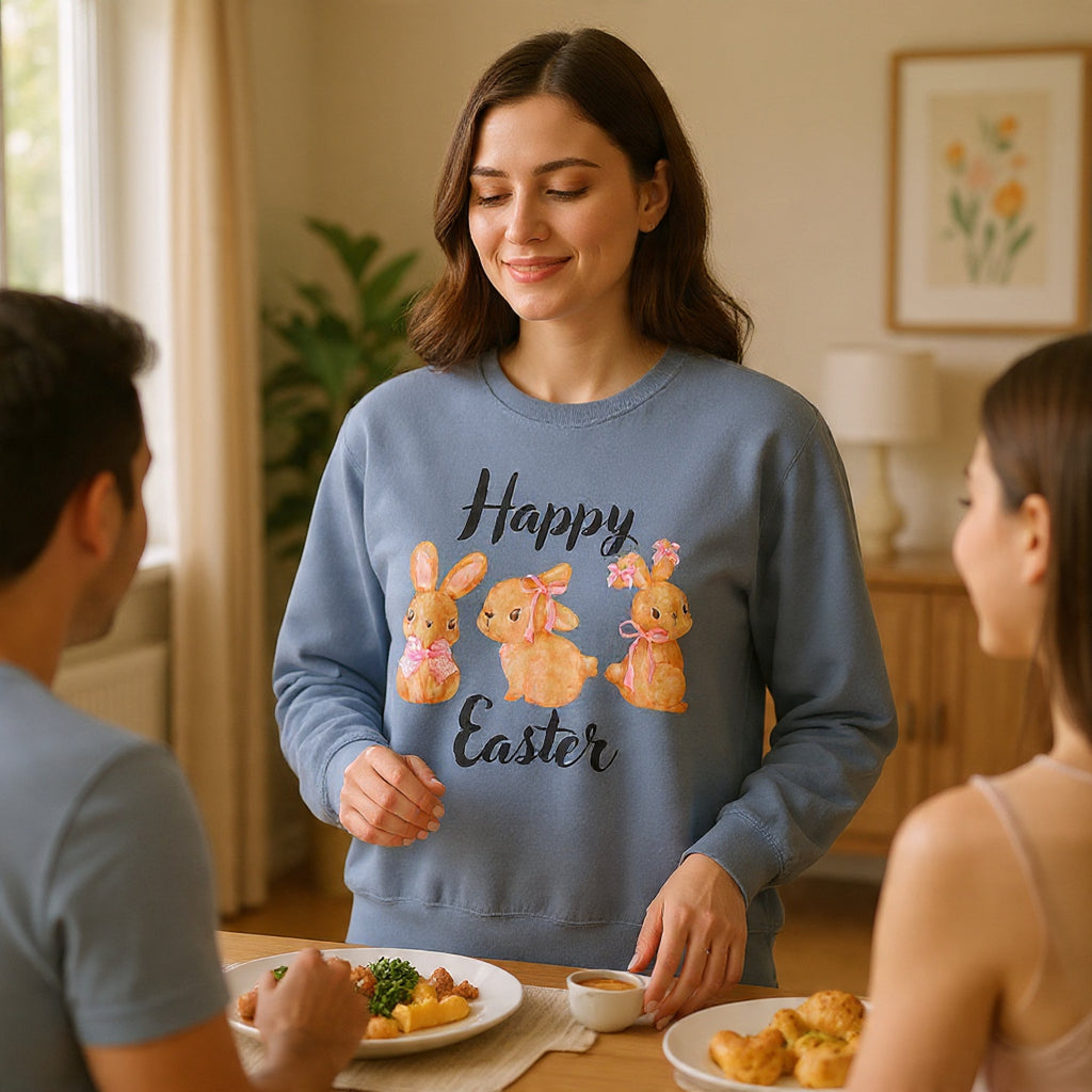 Comfort Colors - Easter Bunny Crewneck Sweatshirt – "Happy Easter" Pastel Bunny Design