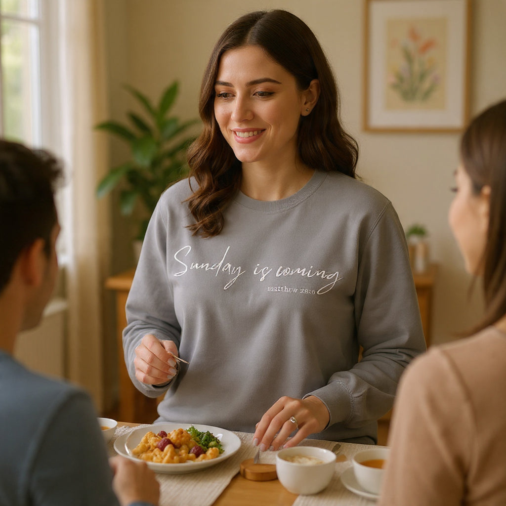 Sunday Is Coming Easter Sweatshirt — Inspirational Script Crewneck  - Scripture Matthew 28:6