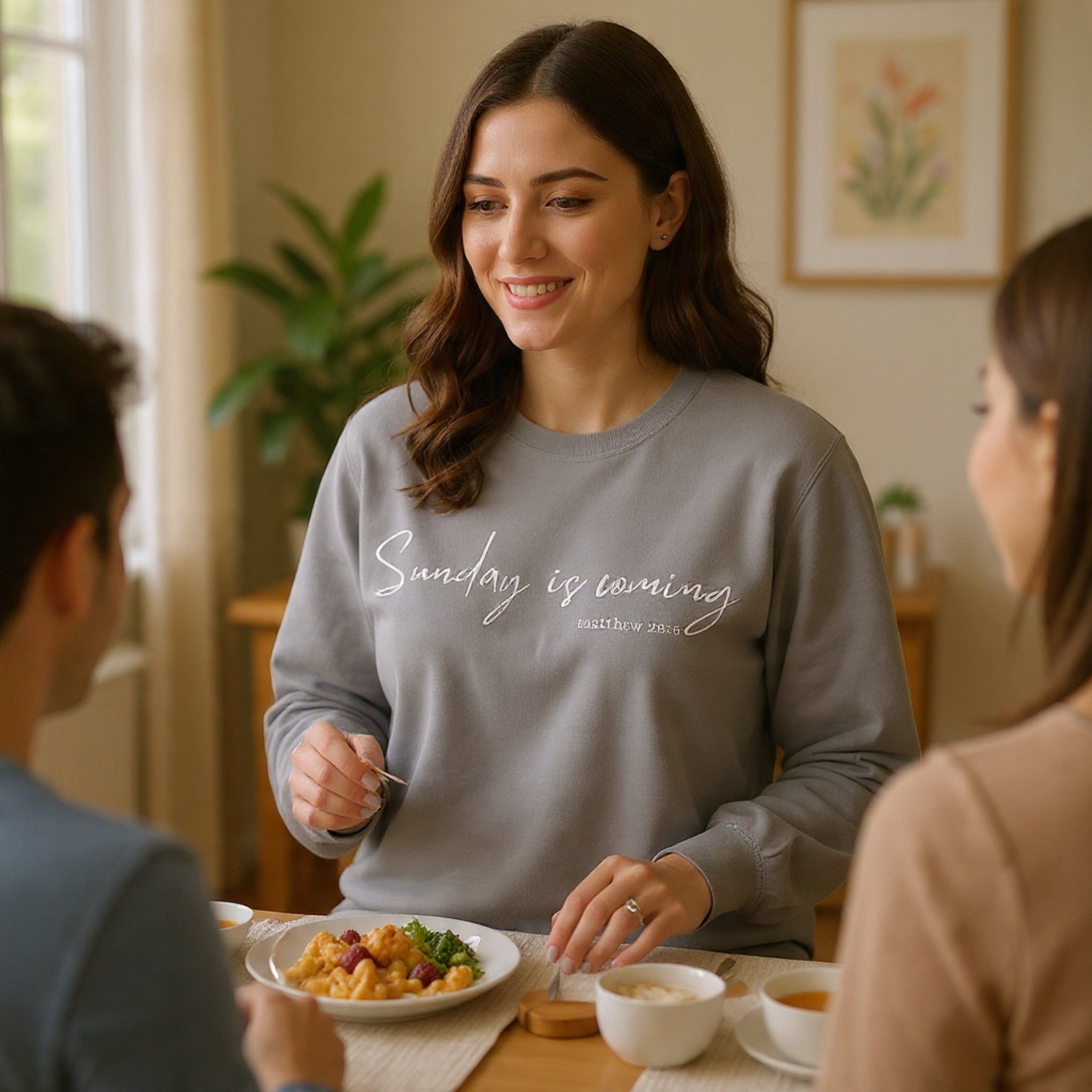 Sunday Is Coming Easter Sweatshirt — Inspirational Script Crewneck  - Scripture Matthew 28:6