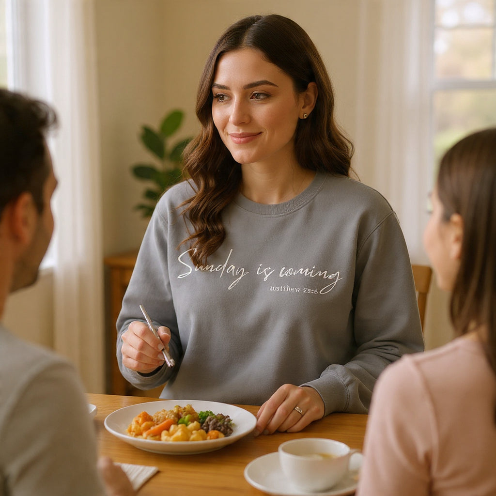 Sunday Is Coming Easter Sweatshirt — Inspirational Script Crewneck  - Scripture Matthew 28:6