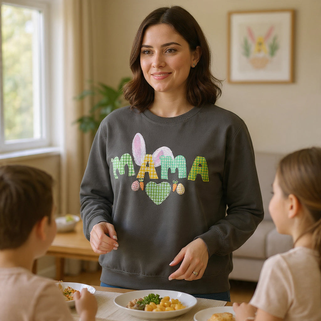 Mama Easter Bunny Sweatshirt — Cute Plaid ‘MAMA’ with Bunny Ears & Eggs