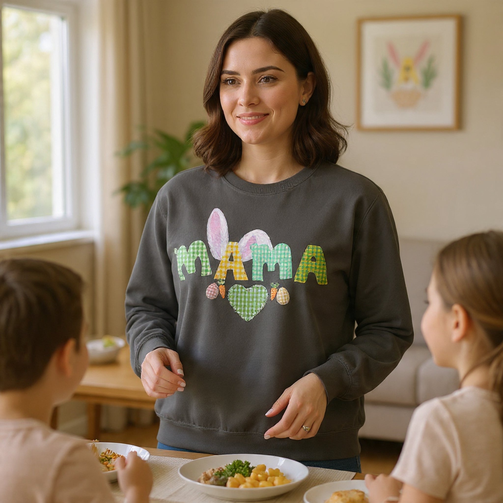 Mama Easter Bunny Sweatshirt — Cute Plaid ‘MAMA’ with Bunny Ears & Eggs