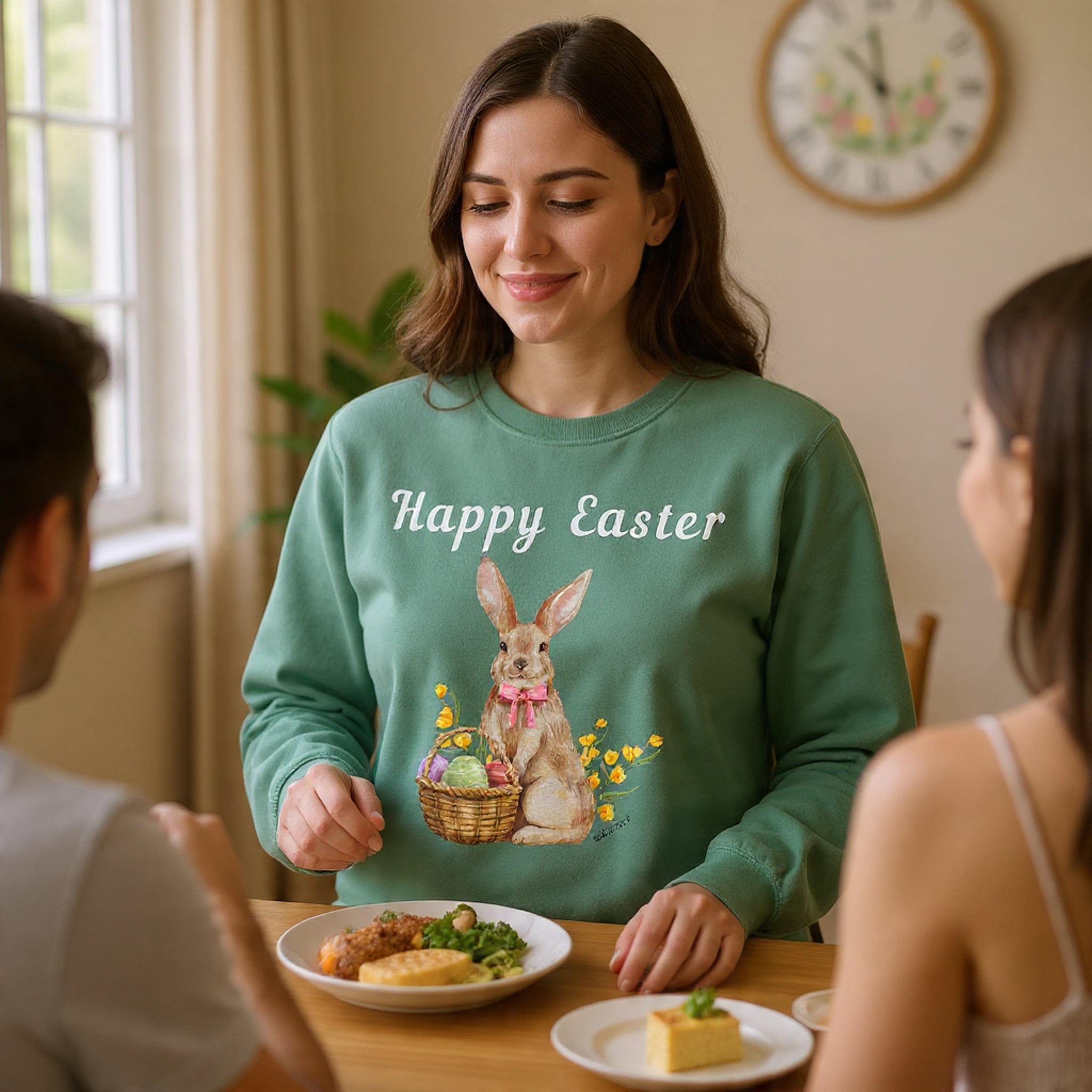 Easter Bunny Sweatshirt - Happy Easter Bunny with Basket Design (Luke 24:6)